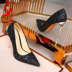 Black Sparkling Single High Heel Shoes, Elegant And Slimming, Suitable For Outdo